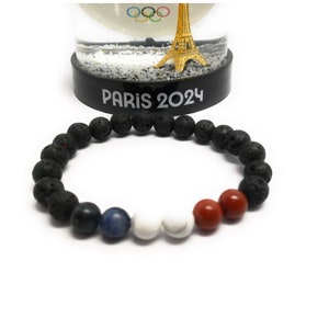 Bracelet Supporter de la France aux JO de Paris, pierres naturelles sodalite, howlite, jaspe rouge et pierre de lave. Extensible, unisexe image 1