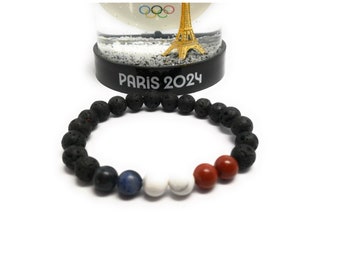 Bracelet Supporter de la France aux JO de Paris, pierres naturelles sodalite, howlite, jaspe rouge et pierre de lave.  Extensible, unisexe