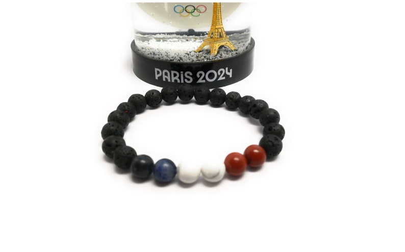 Bracelet Supporter de la France aux JO de Paris, pierres naturelles sodalite, howlite, jaspe rouge et pierre de lave. Extensible, unisexe image 1