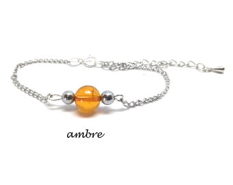 bracelet pierre naturelle, bracelet femme, bracelet en acier inoxydable réglable, ambre, cadeau maman fait mains