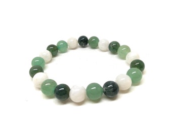 New beginning bracelet, Aventurine, Moonstone and Moss Agate, Natural Stones Gift for Women, Stretchable, Domidora