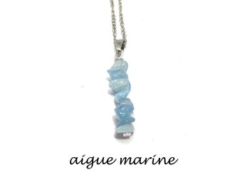 Pendentif en Pierre Naturelle de protection aigue marine et sa chaine 45 cms en acier, Cadeau femme fait mains, domidora