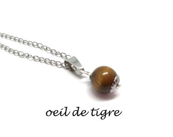 Pendentif oeil de tigre en pierre naturelle de protection et sa chaine 45 cms en acier, Cadeau femme fait mains, domidora