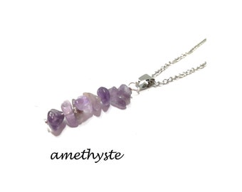 Pendentif en Pierre Naturelle de protection amethyste et sa chaine 45 cms en acier, Cadeau femme fait mains, domidora