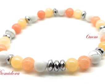 Bracelet Pierres Naturelles extensible pour cadeau femme,  calcite jaune, orange, howlite et hématite, domidora