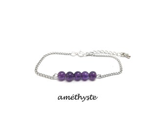 bracelet pierre naturelle, bracelet femme, bracelet en acier inoxydable réglable, amethyste, cadeau maman fait mains