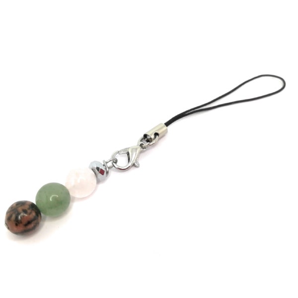 Bijou de téléphone en pierres naturelles pour équlibrer le chakra du coeur, en rhodonite, aventurine et quartz rose, cadeau fait mains