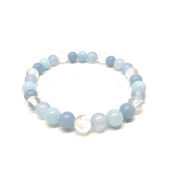 Bracelet pierres naturelles aqua aura, celestine, calcedoine et aigue marine, Pierres Communication, Stress, langage, cadeau femme, domidora