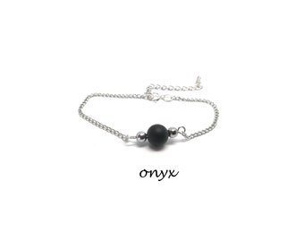 bracelet pierre naturelle, bracelet femme, bracelet en acier inoxydable réglable, onyx, cadeau maman fait mains