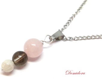 Pendentif en Pierre Naturelle Quartz rose, Pierre de Lune et Quartz Fumé et sa chaine 45 cms en acier, Cadeau femme fait mains, domidora