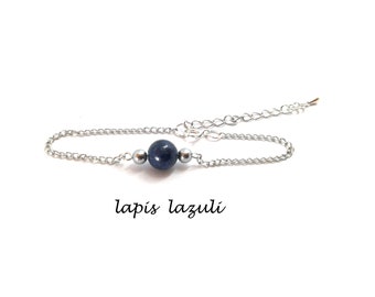 bracelet pierre naturelle, bracelet femme, bracelet en acier inoxydable réglable, lapis lazuli, cadeau maman fait mains