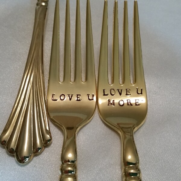 Wedding Forks Gold Forks New /Vintage Love U Love U More 24K Gold Plated flatware Cake forks Hand Stamped recycled actual photos Like new