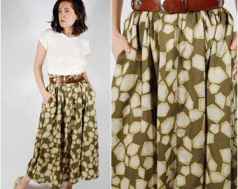 80's 90's Midi Skirt - Green Print Rayon Skirt - Spring Summer Skirt - Size Large
