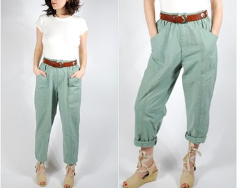 Vintage Cropped Trousers - Green High Waisted Cotton Pants - Minimalist Pants - Size M