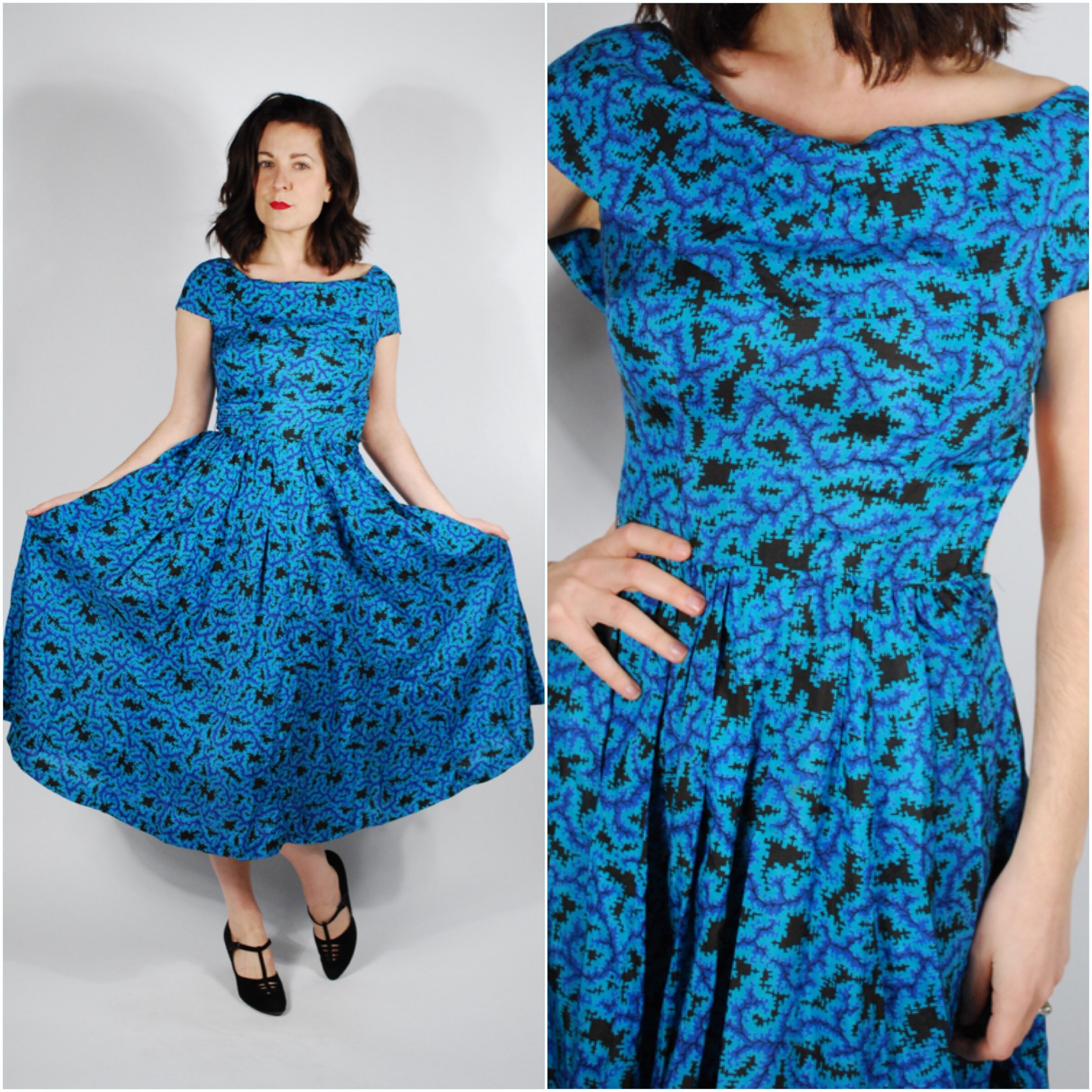 1950's Silk Dress 50's Fit & Flare Dress Aqua Blue | Etsy