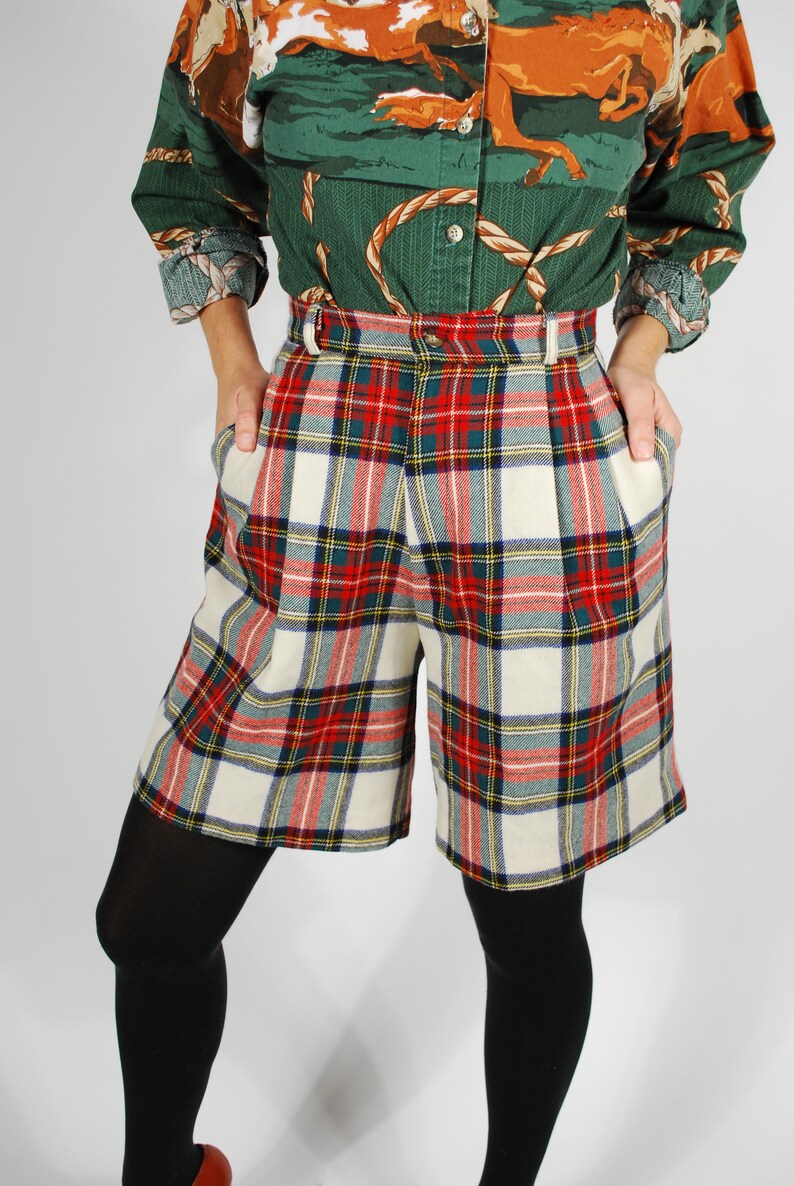Size Small Fall Winter High Waisted Culottes Vintage Plaid Wool Shorts