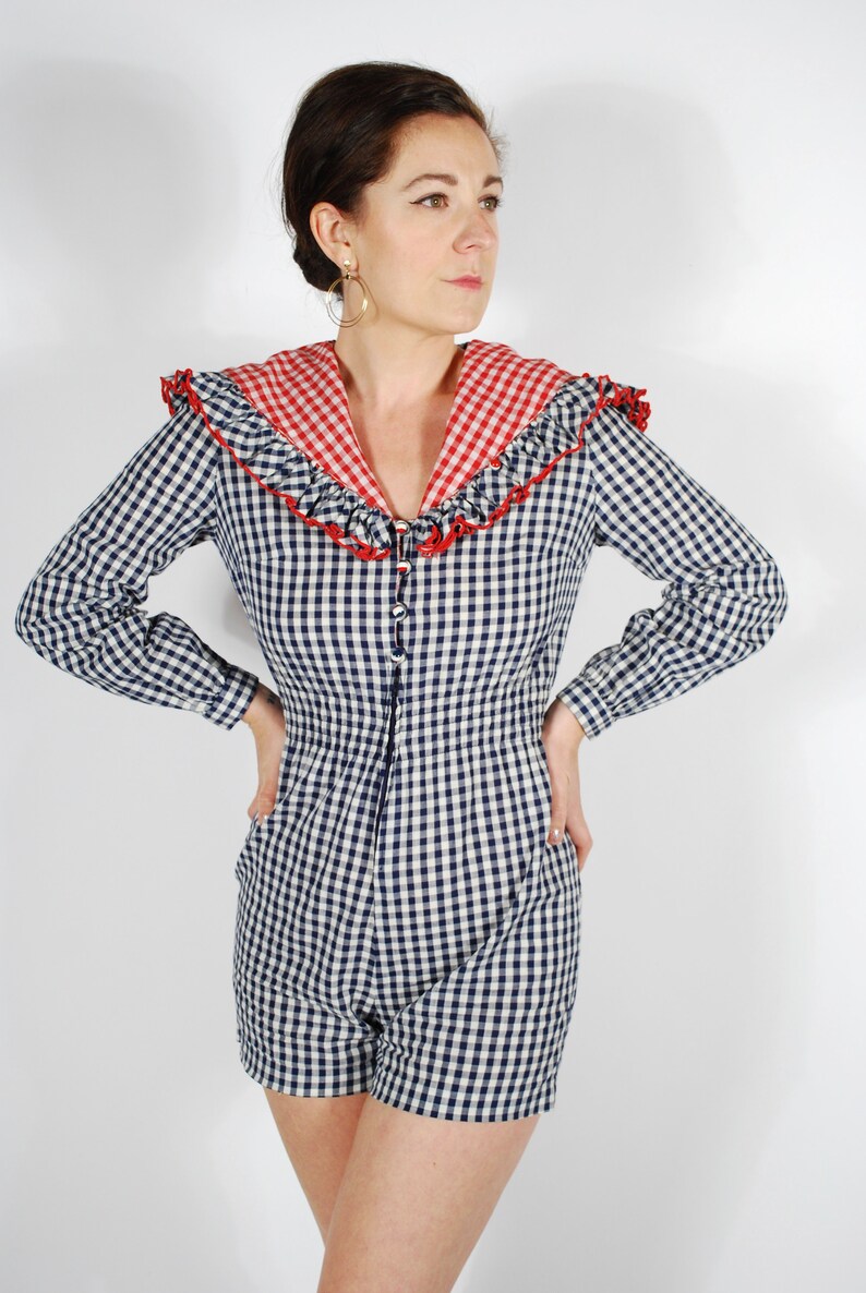 Vintage Red White Blue Romper 70/'s Gingham Romper 60/'s 70/'s Hooded Romper