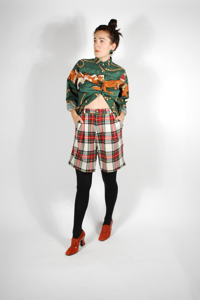 Size Small Fall Winter High Waisted Culottes Vintage Plaid Wool Shorts