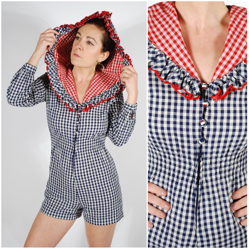 Vintage Red White Blue Romper 70/'s Gingham Romper 60/'s 70/'s Hooded Romper