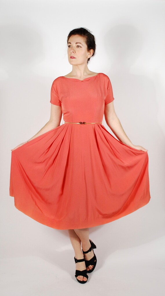 1950's Coral Dress - 50's Rayon Party Dress - Vint