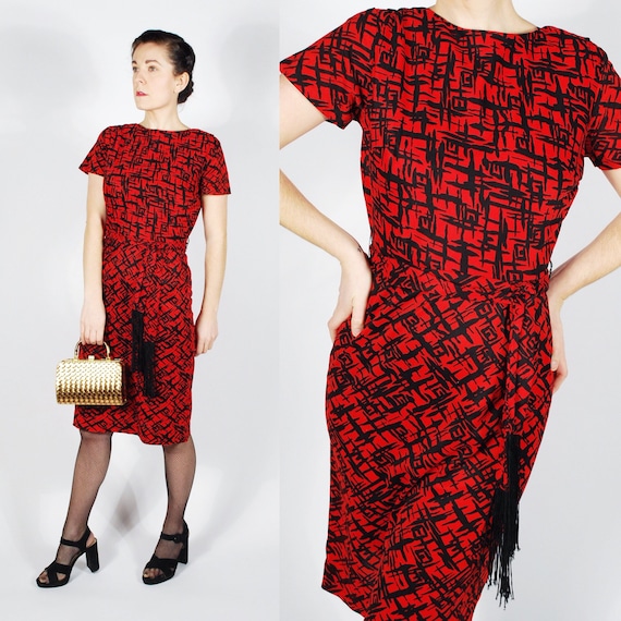 Vintage 50's 60's Red Dress - 50's Sheath Fringe D
