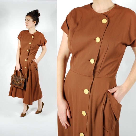 1940's Brown Gaberdine Dress - 40's Brown Yellow D