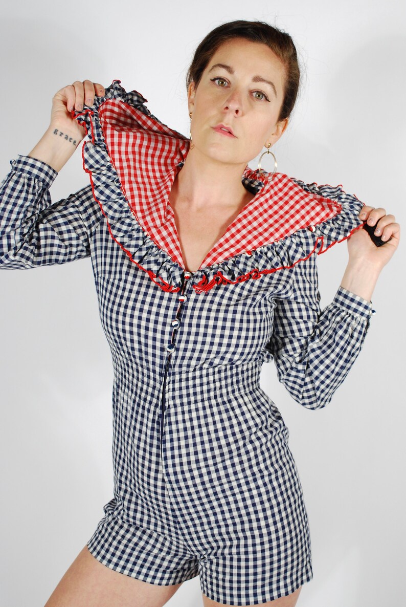 Vintage Red White Blue Romper 70/'s Gingham Romper 60/'s 70/'s Hooded Romper