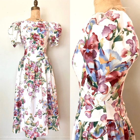 1980's Floral Cotton Dress with Puff Sleeves - Siz