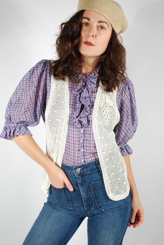 1970's Crochet Vest - White Bohemian Vest - Size S