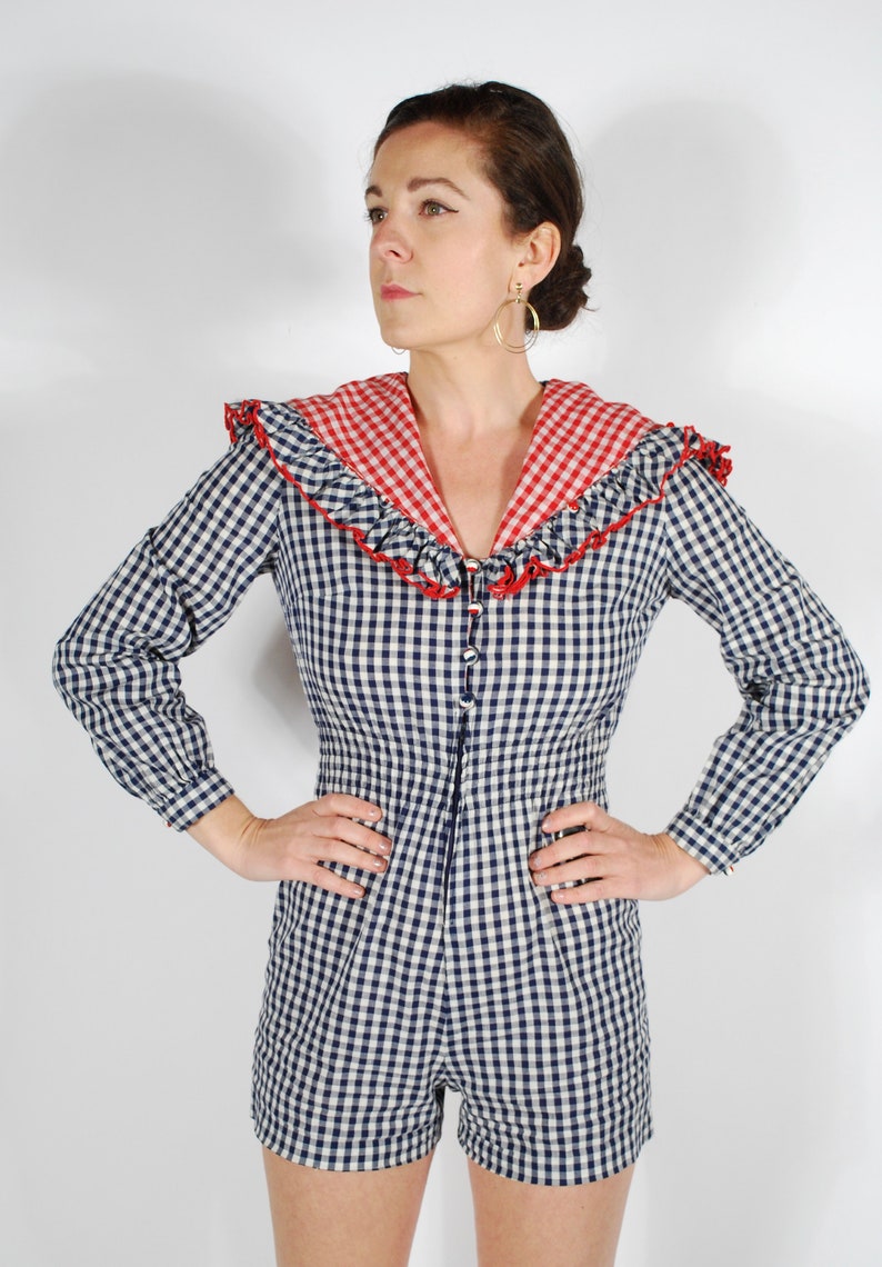 Vintage Red White Blue Romper 70/'s Gingham Romper 60/'s 70/'s Hooded Romper