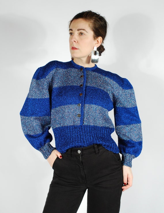 70's 80's Metallic Lurex Sweater - Puff Shoulder S