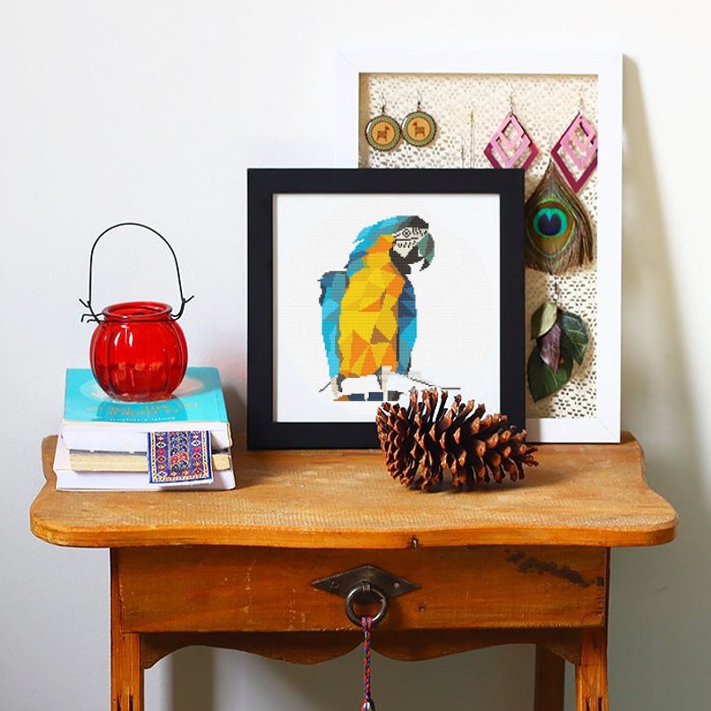 Macaw cross stitch pattern Modern cross stitch Geometric Bird Parrot Tropical nature
