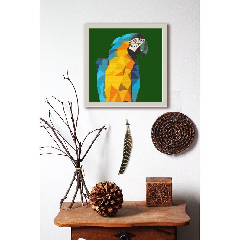 Macaw cross stitch pattern Modern cross stitch Geometric Bird Parrot Tropical nature