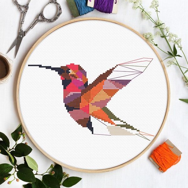 Geometric Hummingbird cross stitch pattern Modern Bird cross stitch Animals xstitch PDF Instant Download