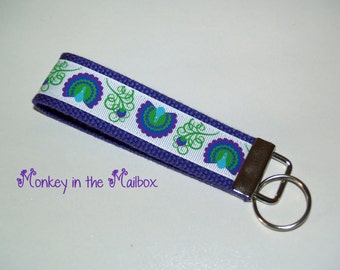 Peacock Key Fob, Key Chain, Key Ring, Key Holder, Wristlet Key Fob, Wristlet Keychain, Fabric Key fobs READY TO SHIP