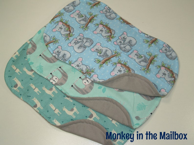 Flannel Burp Cloths, Set of 3, Baby Shower Gift, Baby Gift, Burp Cloth Boy, Baby Girl, Burp Rags, Burp Cloth Set Llama, sloth, koala bear image 2