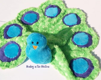 Peacock Lovey Blanket, minky security blanket, Custom Stuffed Animal Lovie Blanket, baby shower, Easter, 1st birthday gift, plush Valentine