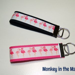 Flamingo Key Fob, Key Chain Key Ring, Key Holder Wristlet Key Fob Wristlet Keychain Ribbon Fabric Key fobs READY TO SHIP