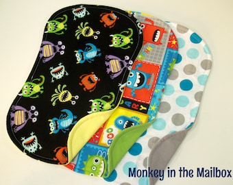 Monster Flannel Burp Cloths, Set of 3, Baby Shower Gift, Baby Gift, Burp Cloth Boy, Baby Girl, Burp Rags, Burp Cloth Set gender neutral gift