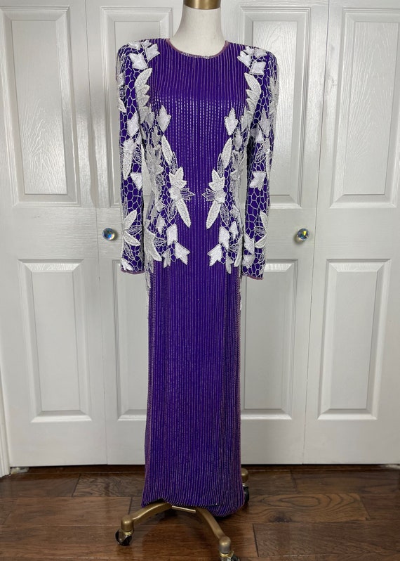 Vintage Purple & White Beaded Silk Gown - image 1