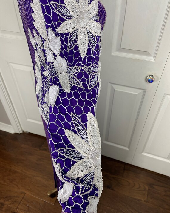 Vintage Purple & White Beaded Silk Gown - image 6