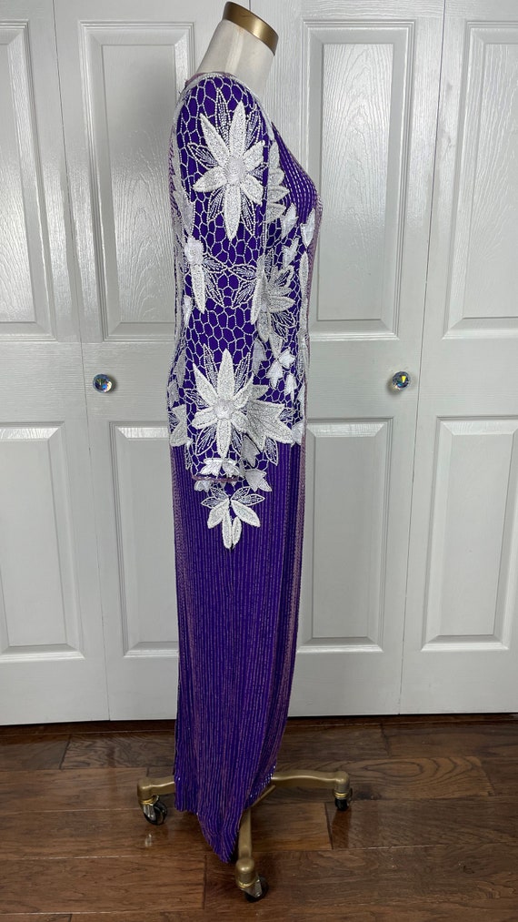 Vintage Purple & White Beaded Silk Gown - image 3