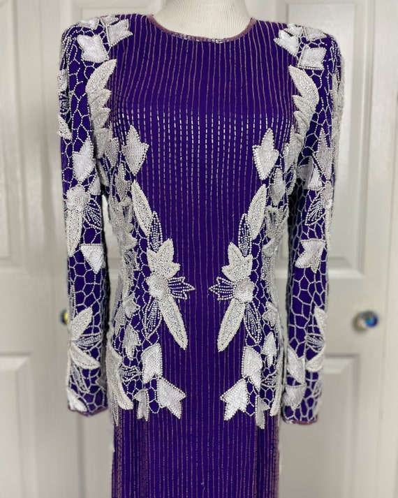 Vintage Purple & White Beaded Silk Gown - image 2