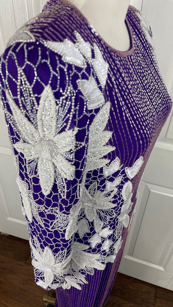 Vintage Purple & White Beaded Silk Gown - image 5