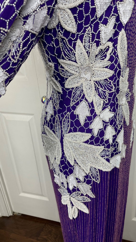 Vintage Purple & White Beaded Silk Gown - image 4