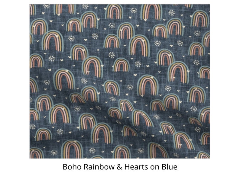 Boho Rainbow Nursery fitted sheets: Crib, PlayYard, Compatible with Halo, Nuna Sena, Guava Lotus, 4Moms Breeze, custom sizing RainbowHeart Blue