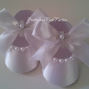 10 White Satin and Pearl w/Cross Paper Shoe Favor Boxes /Christening Shoe Favors