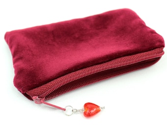 Sac velours croquant, souple, élégant, vrai velours, format carte bancaire, petite monnaie, sac USB, sacs à main, ustensile, pendentif verre véritable, coeur