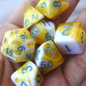 DnD Dice Set / yellow and  white  Swirled color Marbled  Polyhedral dice  D&D dice, Dungeons and Dragons, RPG Dice Role Roll N/blue (DM32)