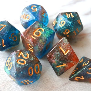 DnD Dice Set,  Polyhedral dice, blue and orange mix  galaxy D&D dice, Dungeons and Dragons,  Micro Shimmer Marbled Glitter N/gold (TDG17)